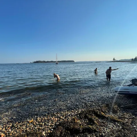 a group of people on a beach near a body of water